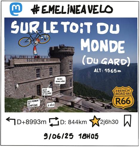 Photo dans un cadre Instagram d'une cycliste sur les rempart du fort du Mont aigoual