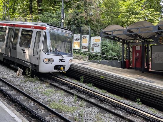 A rack metro train on line C descending into Croix Pâquet station, the steepest metro station in the world, towards Hôtel de Ville