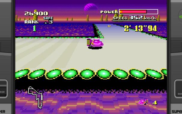 The screen is displaying a racing game from F-Zero. A character in red is driving a car at high speed on an elevated track. The track has a futuristic design with neon lights and a dark underbelly, set against a purple sky background. In the top left corner of the screen, theres a health bar labeled POWER, indicating the drivers power level. There are also indicators for speed SPEED, distance from the opponent DISTANCE, and time since the start of the game TIME. The perspective is first-person, immersing the player in the action as they race to reach the finish line.