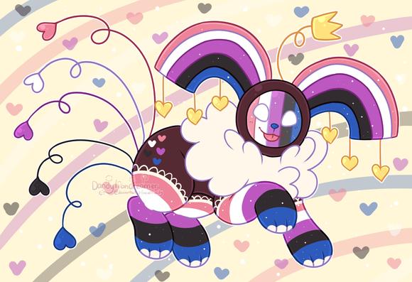 my oc tv star redesigned with the genderfluid flag in mind

they are a dog like character with a TV face, and genderfluif colored rainbow ears from the head, gold crown props up from the middle of the head and gold hearts hang from the rainbow

their 5 tails are like wires curled with hearts at the ends in the colors of the genderfluid flag, their legs are also like the genderfluid flag

their legs are colored the flag, they have a white fluffy neck