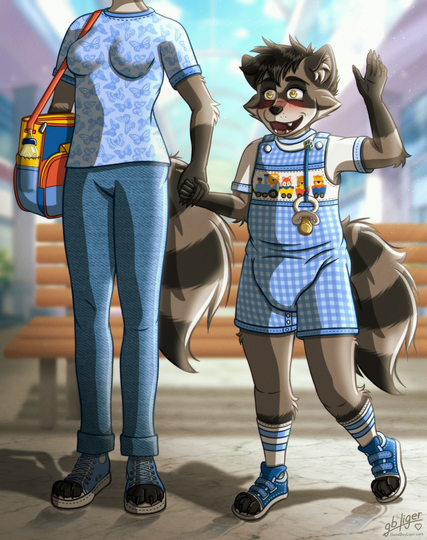 Late bloomer diapered babyfur racoon dressed in cute romper holding his mothers paw.