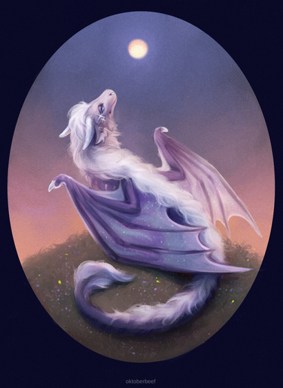 A blue-lilac fluffy dragon standing on the grass and looking at the bright moon during sunset. He stands with his back to the viewer, his head (pointing upwards), wings and wriggling tail are visible. Small flowers and a few fireflies are depicted on the grass. The sky is lilac-orange.