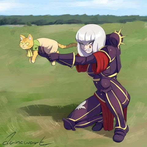 Warhammer 40k sister of battle on a field, holding a cat as a gun