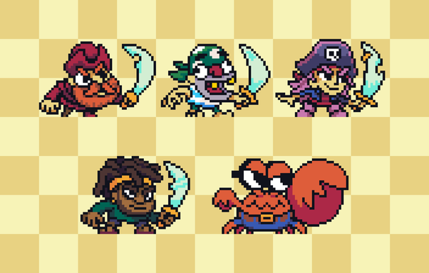 4 pirates and a giant crab in pixel art