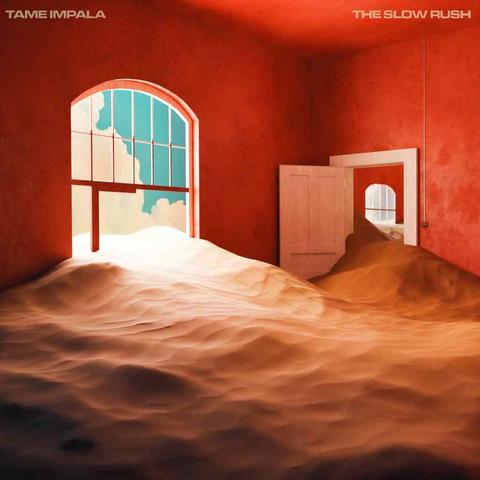The cover of Tame Impala's *The Slow Rush* (2020). The image is of a room in muted red filled up with sand.