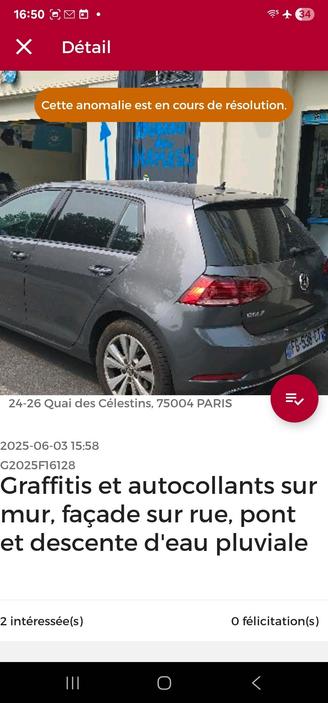copie d'écran d'un signalement de l'application "Dans ma rue" en date du 3 juin qui déjà demandait que cet appel à la haine soit effacé" en haut un bandeau orange disant "anomalie en cours de résolution"