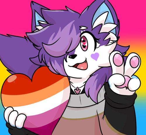 Anthropomorphic Cat holding up a peace sign while holding a Lesbian-pride heart. With a Pansexual flag in the back.