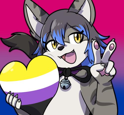 Anthropomorphic Cat holding up a peace sign while holding a nonbinary pride heart. With a Bisexual flag in the back.