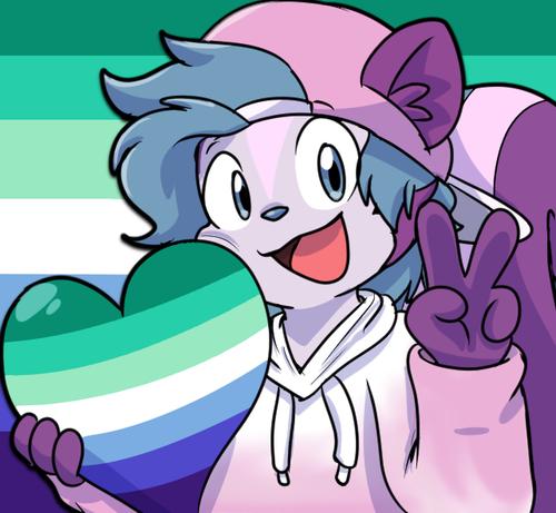 Anthropomorphic Skunk holding up a peace sign while holding a MLM heart. With a MLM flag in the back.