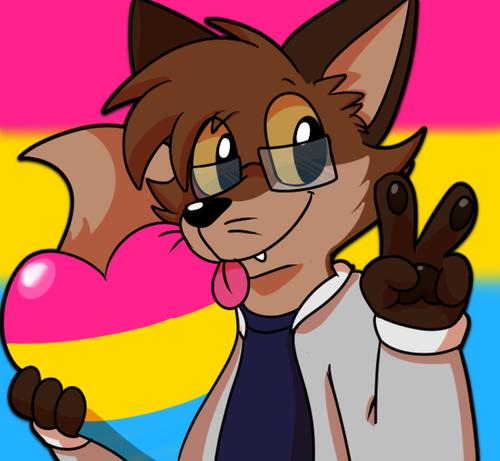 Anthropomorphic Coffee Fox holding up a peace sign while holding a Pansexual pride heart. With a Pansexual flag in the back.