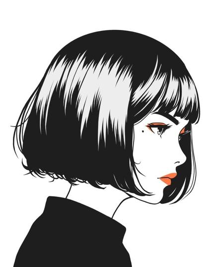 Black and white portrait of a short headed woman with a touch of color on makeup