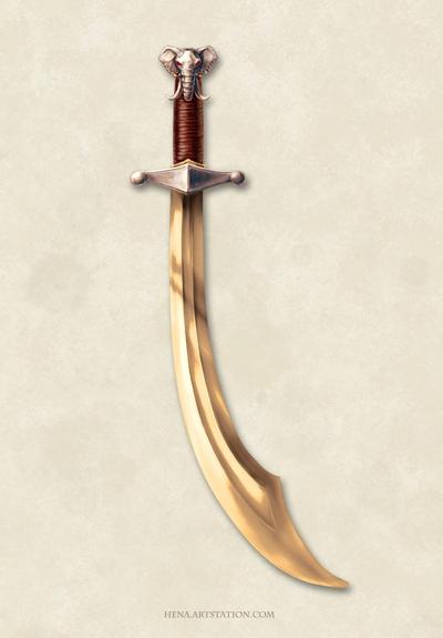 Illustration of a longsword with a curved, bronze blade. The pommel is in the shape of an elephant head with ruby eyes.