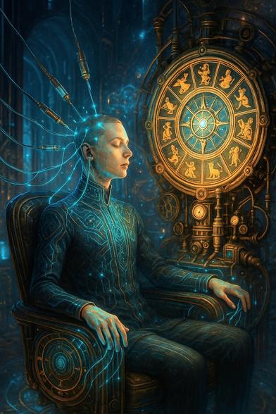 An androgynous figure sits in a dark, ornate chair resembling both cyberpunk and steampunk design. Glowing acupuncture-like needles and cables are connected to their head and body, channeling ethereal energy from a large, golden Wheel of Fortune machine behind them. The wheel is adorned with zodiac-like glyphs and mechanical components. The figure's eyes are closed in serene concentration, as luminous circuit-like patterns pulse across their skin and clothing. The atmosphere glows with blue and amber light, suggesting a mystical data transmission or spiritual code infusion taking place.