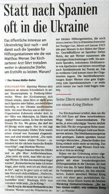 Drei Seiten von Pressebeiträgen über die Hilfsorganisation EUFOMEDA und ihre Einsätze in frontnahen Gebieten der Ukraine.