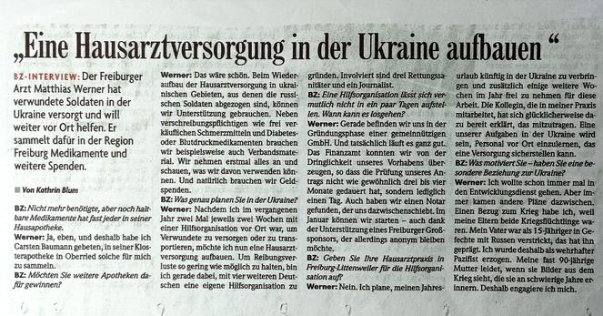 Drei Seiten von Pressebeiträgen über die Hilfsorganisation EUFOMEDA und ihre Einsätze in frontnahen Gebieten der Ukraine.