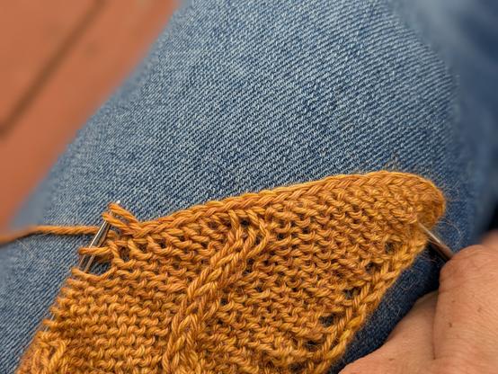 A small section of a knitting work in progress in gold yarn. You can see a corner of a reverse stockinette piece with a cable and an icord wrapping around the side and top.