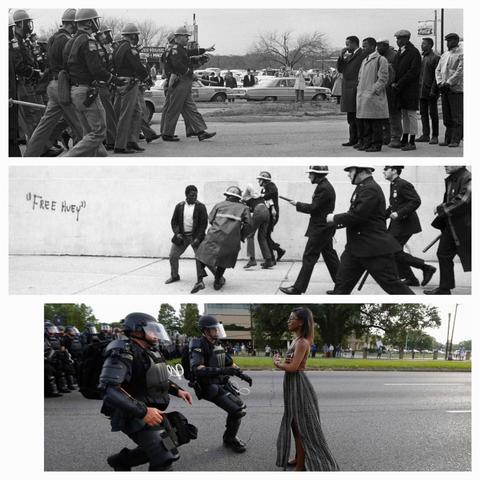Panel 1: Civil rights marchers were confronted by police in Selma, AL on 'Bloody Sunday' 3.7.1965. Photo: Spider Martin. Panel 2:  New York police confronted protesters at The City College of NY on 5.8.1969. Graffiti on a campus wall reads, "Free Huey." Photo" Betmann Archive. Panel 3: Protestor Leshia Evans is detained by law enforcement near the headquarters of the Baton Rouge Police Department on 7.9.2016 BLM protest. Photo: Jonathan Bachman/Reuters.