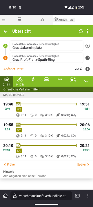 Fahrplanabfrage ohne Share Option oder dynamischen Link.