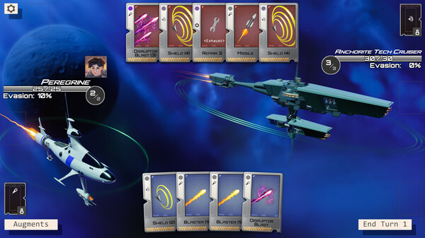 Two space ships doing battle in space with card decks.