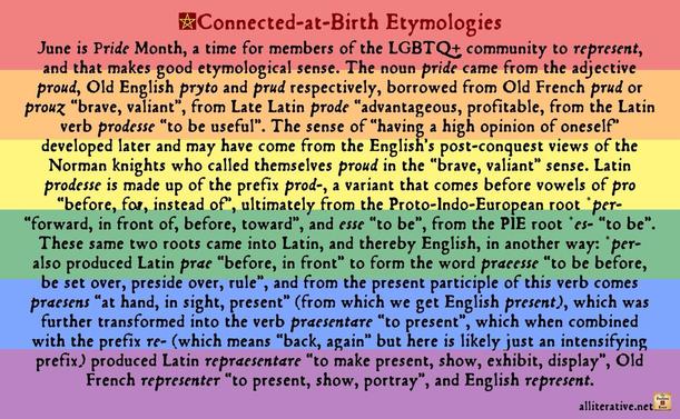 June is Pride Month, a time for members of the LGBTQ+ community to represent, and that makes good etymological sense. The noun pride came from the adjective proud, Old English pryto and prud respectively, borrowed from Old French prud or prouz “brave, valiant”, from Late Latin prode “advantageous, profitable, from the Latin verb prodesse “to be useful”. The sense of “having a high opinion of oneself” developed later and may have come from the English’s post-conquest views of the Norman knights who called themselves proud in the “brave, valiant” sense. Latin prodesse is made up of the prefix prod-, a variant that comes before vowels of pro “before, for, instead of”, ultimately from the Proto-Indo-European root *per- “forward, in front of, before, toward”, and esse “to be”, from the PIE root *es- “to be”. These same two roots came into Latin, and thereby English, in another way: *per- also produced Latin prae “before, in front” to form the word praeesse “to be before, be set over, preside over, rule”, and from the present participle of this verb comes praesens “at hand, in sight, present” (from which we get English present), which was further transformed into the verb praesentare “to present”, which when combined with the prefix re- (which means “back, again” but here is likely just an intensifying prefix) produced Latin repraesentare “to make present, show, exhibit, display”, Old French representer “to present, show, portray”, and English represent.