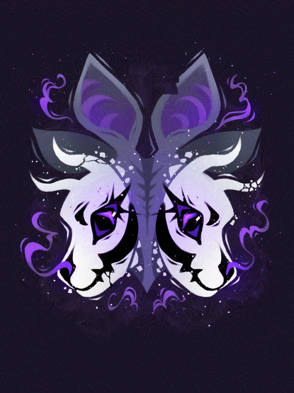 Portrait of a creature with two conjoined heads, viewed from the front. It has large, deer-like ears, gray fur, and horned skull faces resembling the shape of a canine's skull. The color scheme is from the asexual pride flag.