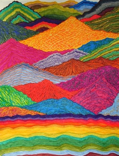 this image has the form of a shoreline with mountains rising away and a body of water in the fore, but the colors and forms of the water and progressively taller mountains is abstract, varied, and colorful.  the water is made of wavy bands of bright color while the mountains have various waves and lines and textures in a multitude of vivid colors.