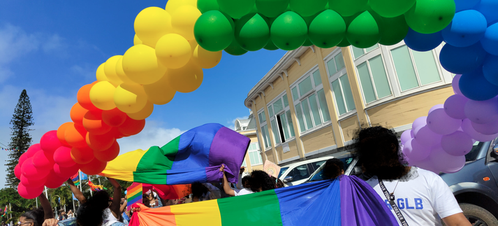 stream of balloons in rainbow colours
in the background, a large pride flag is being held horizontally