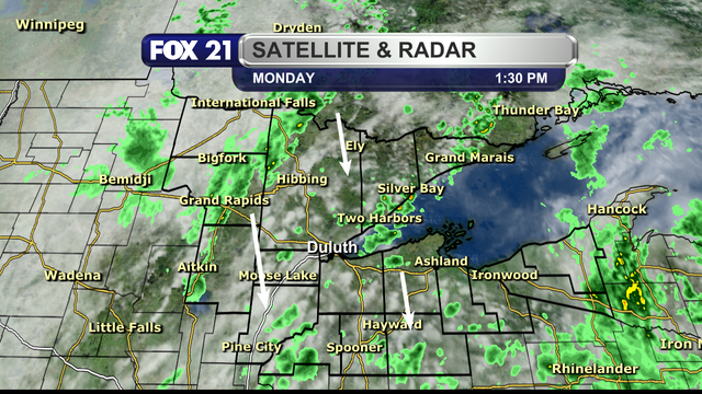 The satellite and radar over the Northland at 1:30 p.m. on Monday, June 9, 2025, shows scattered showers across the region, moving in a north to south direction.  There are a few spots where the cloud cover is more scattered, especially along the South Shore and Boundary Waters regions.