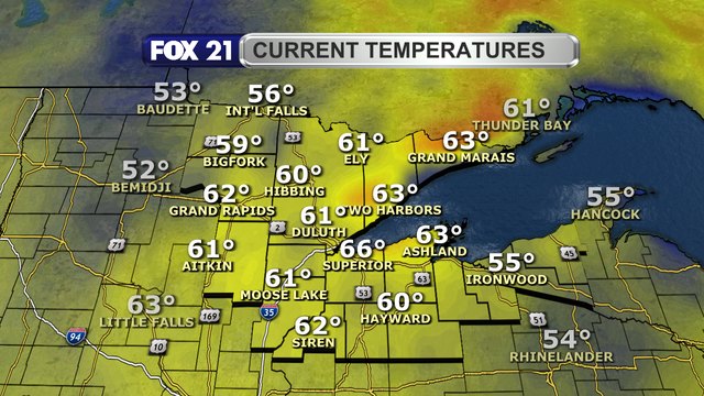 Temperatures in the Northland just after 1 p.m. on June 9, 2025, range from 55 to 66 degrees Fahrenheit.