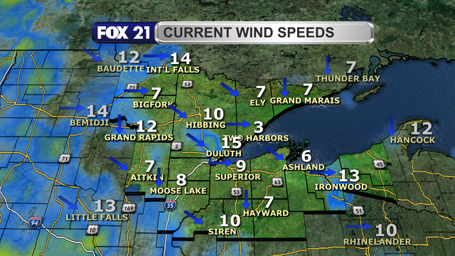 Wind speeds in the Northland just after 1 p.m. on June 9, 2025, range from 3 to 15 mph.  Wind direction is primarily from the northwest and west.