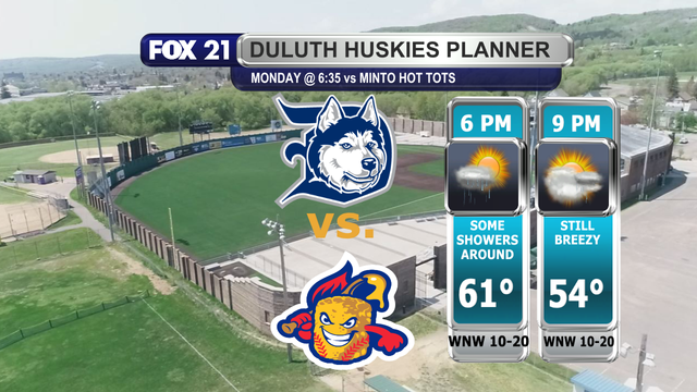 Weather conditions for the rest of Monday could hamper this evening's baseball game between the Duluth Huskies and the Minot Hot Tots at Wade Stadium.  Scattered showers may be in the area over Wade Stadium when the first pitch is scheduled to be thrown at 6:35 p.m. (Central Daylight Time).  Winds will be breezy from the northwest at 10 to 20 mph with temperatures cooling from the 60s to the 50s throughout the evening.