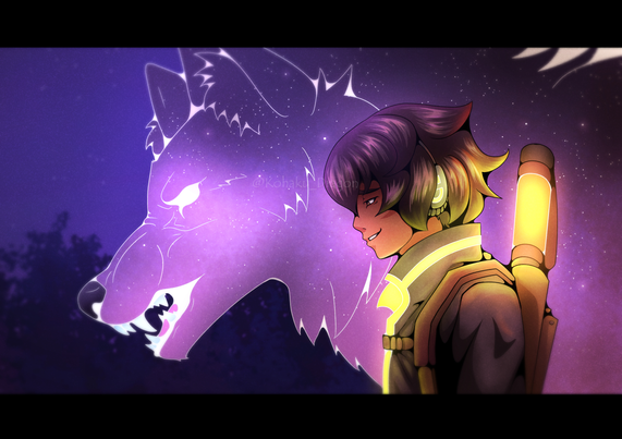 A man(Fenrir) stands beside a large, glowing purple/blue wolf (Lycaon). The wolf's fur looks like a star-filled galaxy. He's wearing headphones and a navy blue scifi outfit with yellow and orange glowing stripes on it.