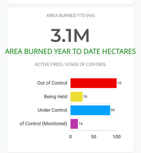 AREABURNED YTD (HA) 

3.1M 
AREA BURNED YEAR TO DATE HECTARES

Graph showing more than half of fires are out of control.