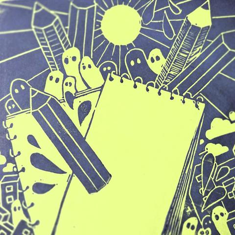 Print in blue on a green background. The print shows pencils, notebooks and ghosts.