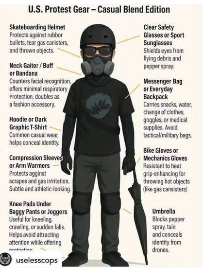 Skateboarding Helmet
Protects against rubber bullets, tear gas canisters, and thrown objects. 

Clear Safety Glasses or Sport Sunglasses
Shields eyes from flying debris and pepper spray.

Neck Gaiter / Buff or Bandana
Counters facial recognition, offers minimal respiratory protection, doubles as a fashion accessory.

Messenger Bag or Everyday Backpack
Carries snacks, water, change of clothes, goggles, or medical supplies. Avoid tactical/military bags.

Hoodie or Dark Graphic T-Shirt
Common casual wear, helps conceal identity.

Compression Sleeves or Arm Warmers
Protects against scrapes and gas irritation, Subtle and athletic-looking.

Bike Gloves or Mechanics Gloves
Resistant to heat grip-enhancing for throwing hot objects (like gas canisters)

Knee Pads Under Baggy Pants or Joggers
Useful for kneeling, crawling, or sudden falls.
Helps avoid attracting attention while offering protection.

Umbrella 
Blocks pepper spray, tain and conceals identity from drones.