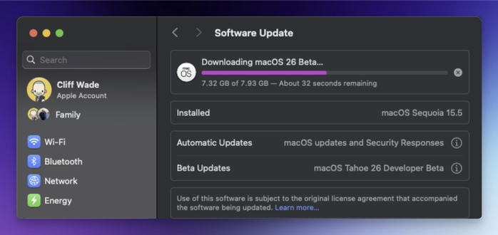 Screenshot showing the MacOS Tahoe Developer Beta on my Mac Mini.