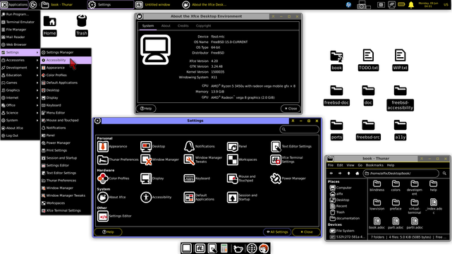 XFCE desktop environment running on FreeBSD 15.0-CURRENT with a high-contrast dark theme. The Settings Manager is open, highlighting the Accessibility option. Multiple windows are visible, including “About the Xfce Desktop Environment” and “Settings,” showing various configuration icons. Desktop folders and Thunar file manager use black and white icons.