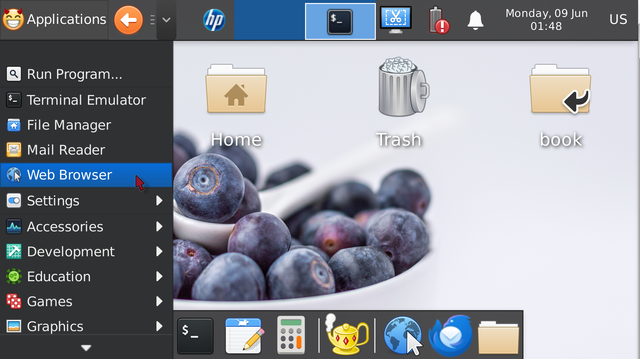 FreeBSD desktop running XFCE with a simplified and large-scale user interface. The Applications menu is open with the Web Browser option highlighted. The desktop background features blueberries, and the panel at the bottom includes large application icons such as terminal, editor, calculator, and file manager.