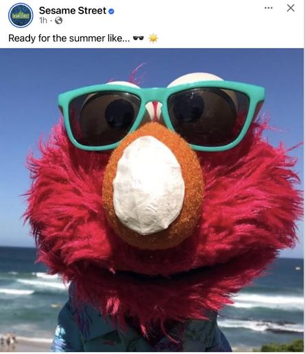 Elmo from Sesame Street at the beach with sunglasses and his nose all zinced up captioned “ready for summer like…”