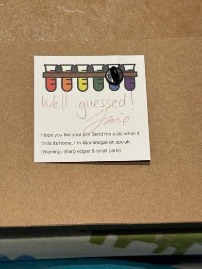 The back of the card which has a hand written note saying “well guessed! Jamie”