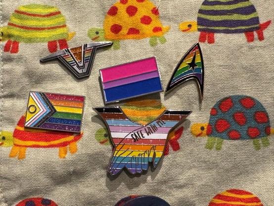 A handbag made out of rainbow patterned tortoises on a green fabric. There is a collection of pride pins - the stargate chevron with rainbow colours, a bisexual pride flag, the starfleet insignia from Star Trek in rainbow colours, a glittery progress pride flag with intersex and a pair of hands in progress pride colours saying “safe with me”.