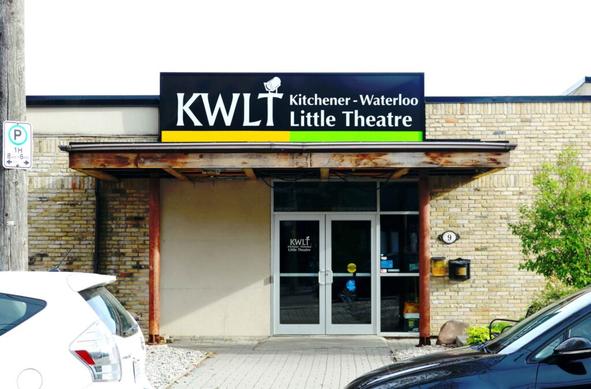Photo of the front doors and sign of the Kitchener Waterloo Little Theatre.