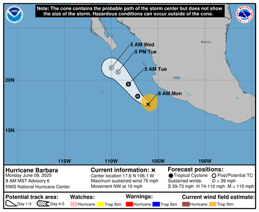 Hurricane Barbara on a map southwest of Mexico