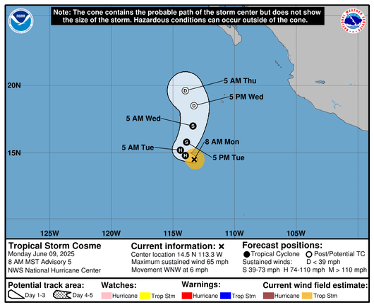 Tropcial Storm Cosme on a map southwest of Mexico