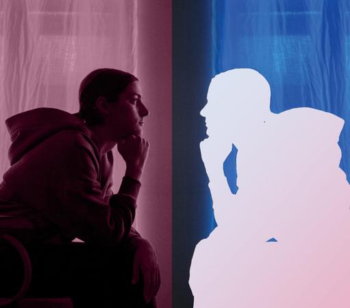 Graphic of a woman, viewed in profile, staring at an empty void in the shape of her silhouette.