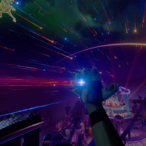 first person pov vrchat screenshot of pinball holding a twinkle in the sky in hand as it flies across the sky during the furality somna fireworks show