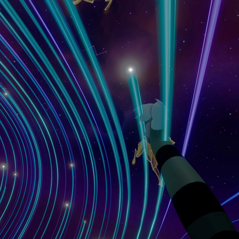 first person pov vrchat screenshot of pinball holding threading strands of shooting stars between his fingers in the sky during the furality somna fireworks show, an alternate view to the same picture cainamar took posted at the top of this thread
