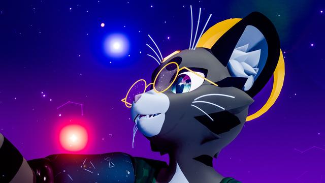vrchat screenshot of pinball enamored by the lights he's reaching out to