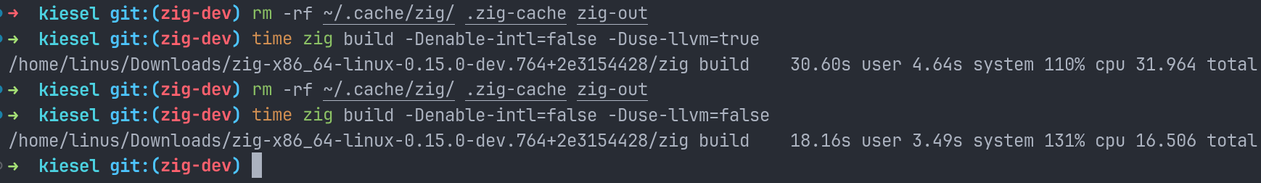 Kiesel built with and without LLVM - 31s vs 16s