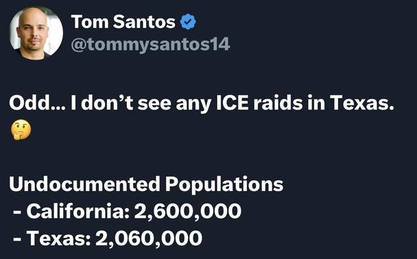 A tweet from Tom Santos questioning the absence of ICE raids in Texas, accompanied by statistics on undocumented populations in California and Texas.